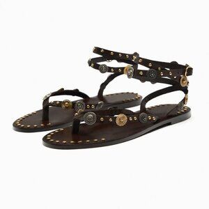 ZARA EMBELLISHED FLAT LEATHER SANDALS BROWN SIZE 6  23.4 Cm| 1613/210